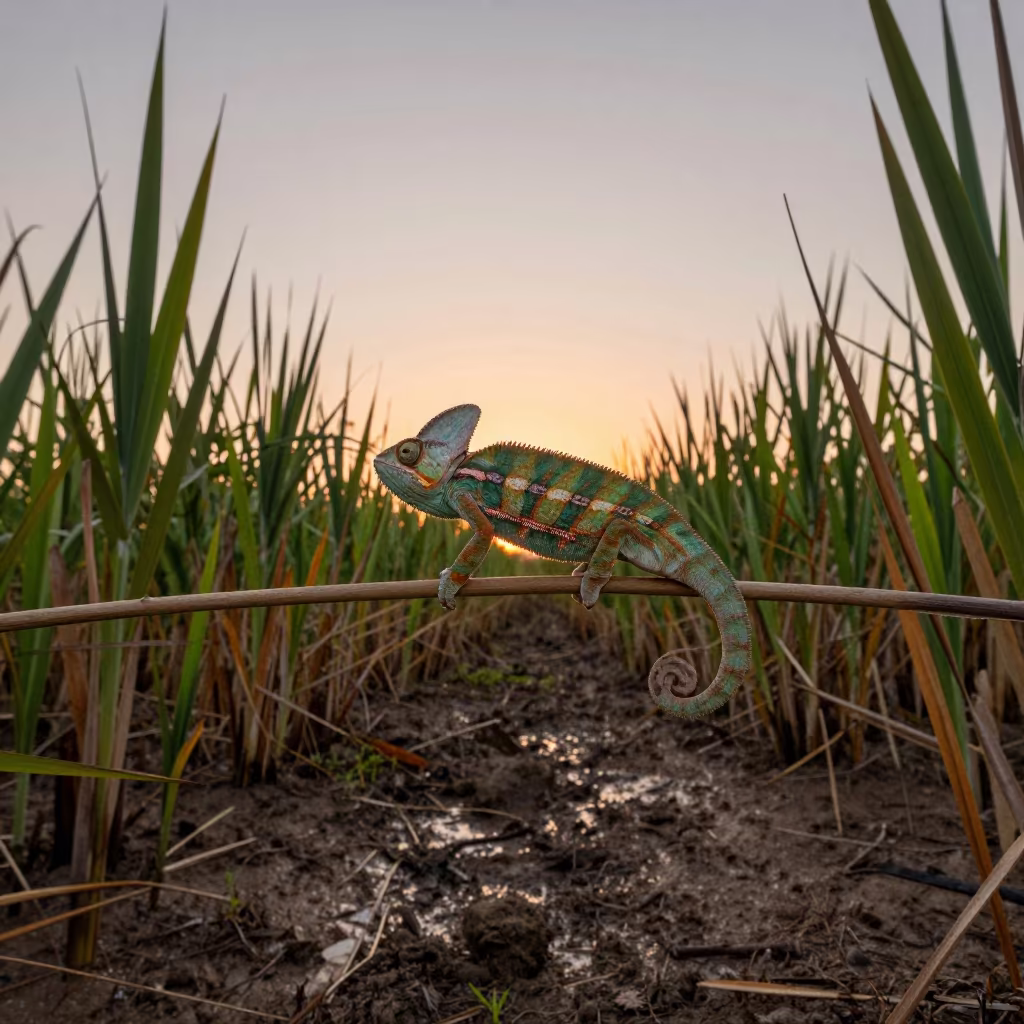 Chameleon Changing Colors on Reed Stalk at Dusk in at the edge of a reed bed near Salvador