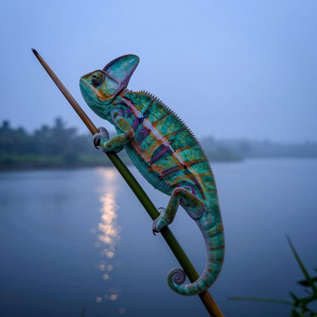 Chameleon in Indigo Twilight Reed Bed in at the edge of a reed bed in Goa