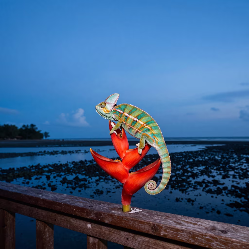 Chameleon on Flower at Philippine Inlet Twilight in beside a tidal inlet in Philippines