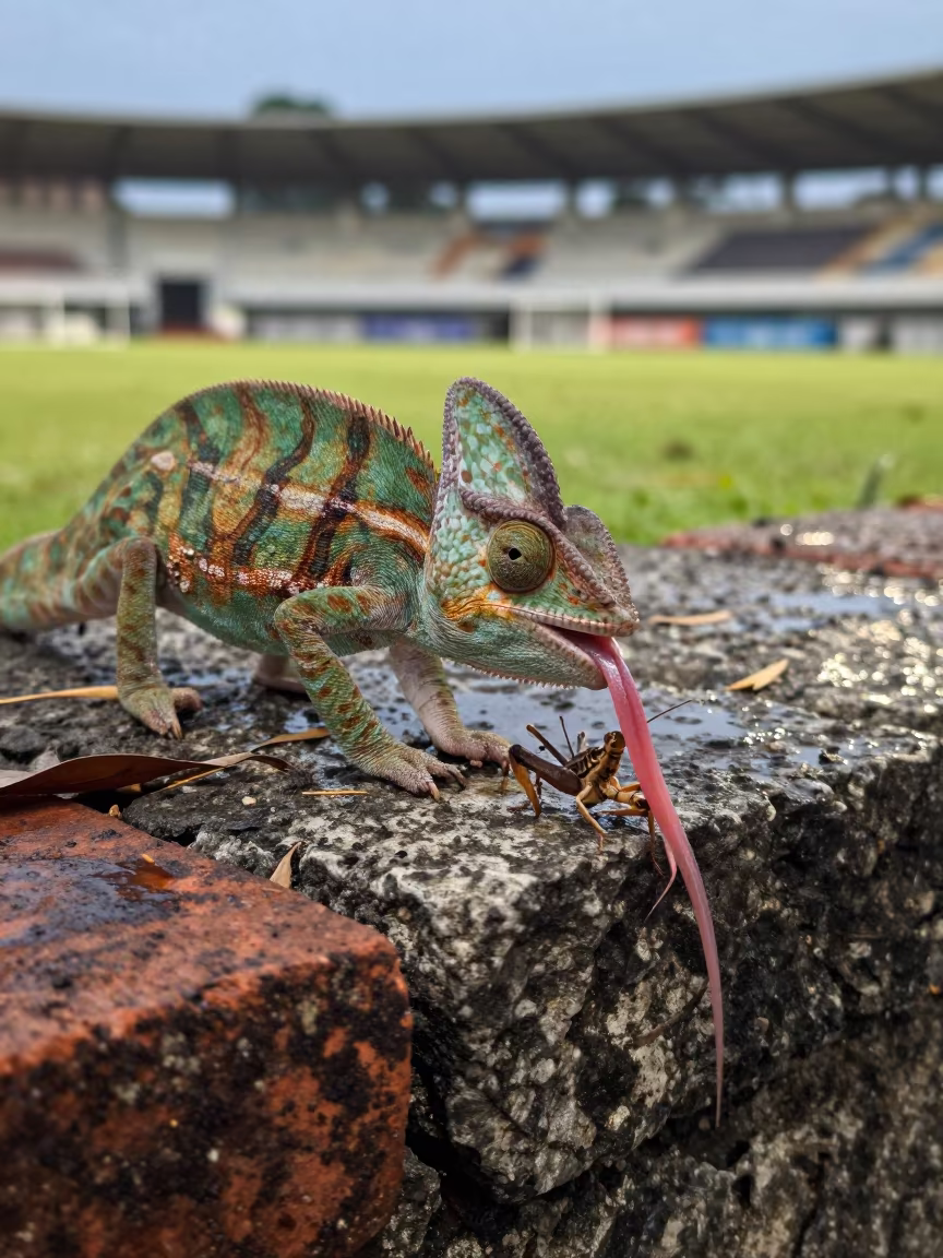Chameleon Strikes Cricket in Jakarta Evening in on a hillside near Kota Tua, Jakarta