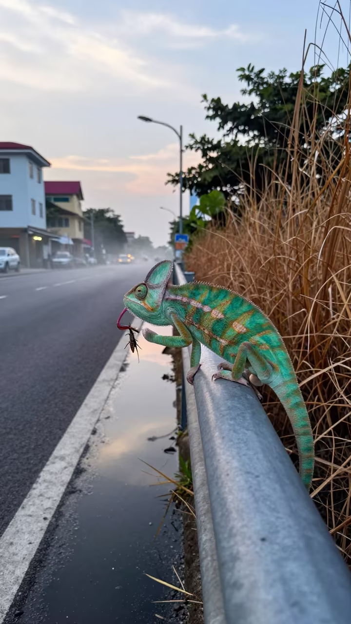 Chameleon Strikes Cricket at Manila Roadside Stop in at a roadside stop near Poblacion, Manila