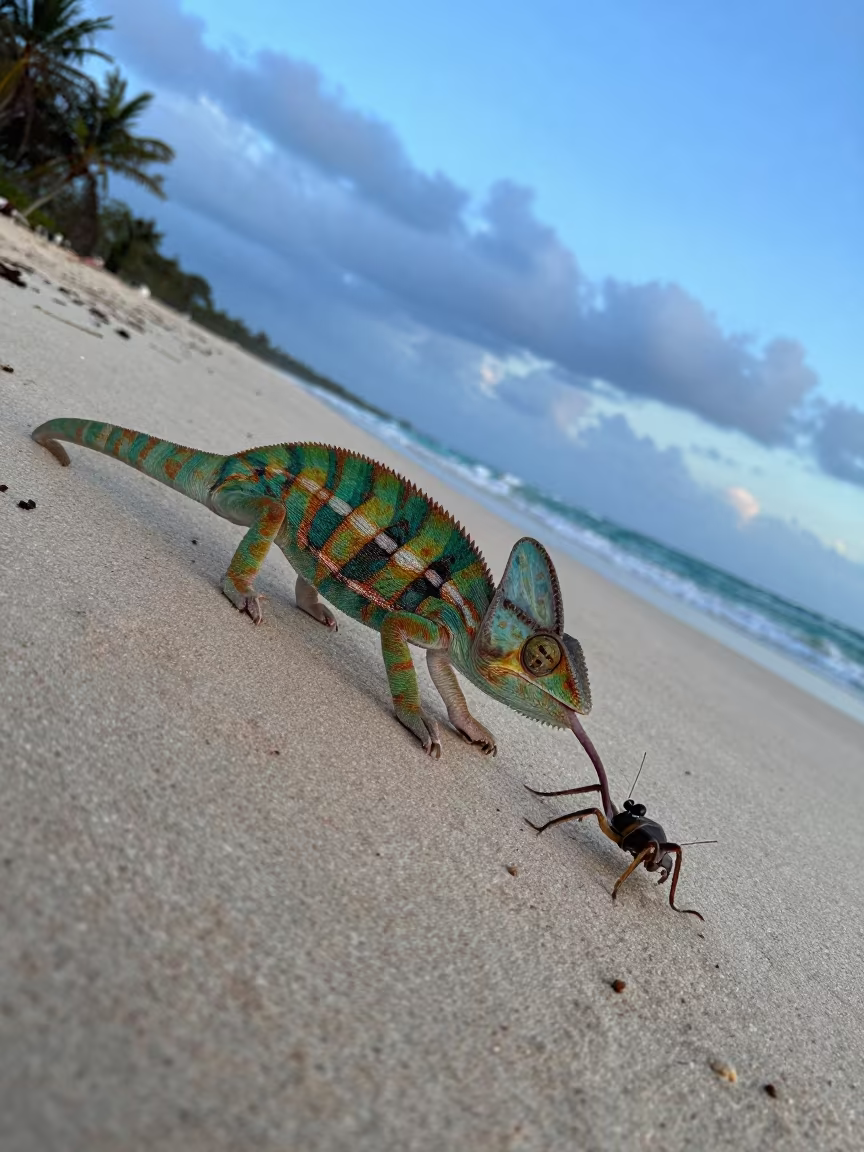Chameleon Tongue Strike Beach Blue Hour in along a beach near Dar es Salaam