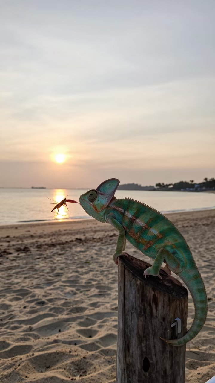 Chameleon Tongue Strike Cricket Beach in along a beach near Holland Village, Singapore