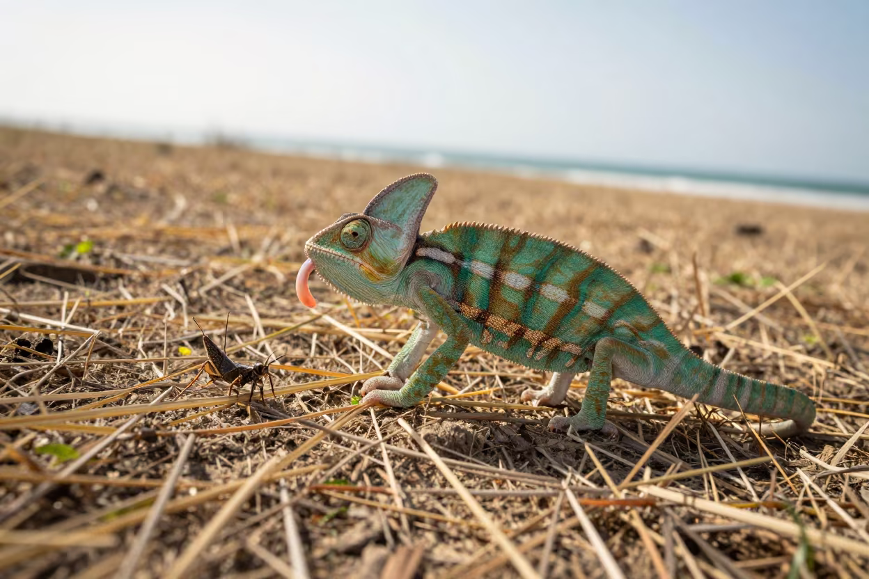 Chameleon Tongue Strike Cricket Coastal Field in near open fields near Dar es Salaam