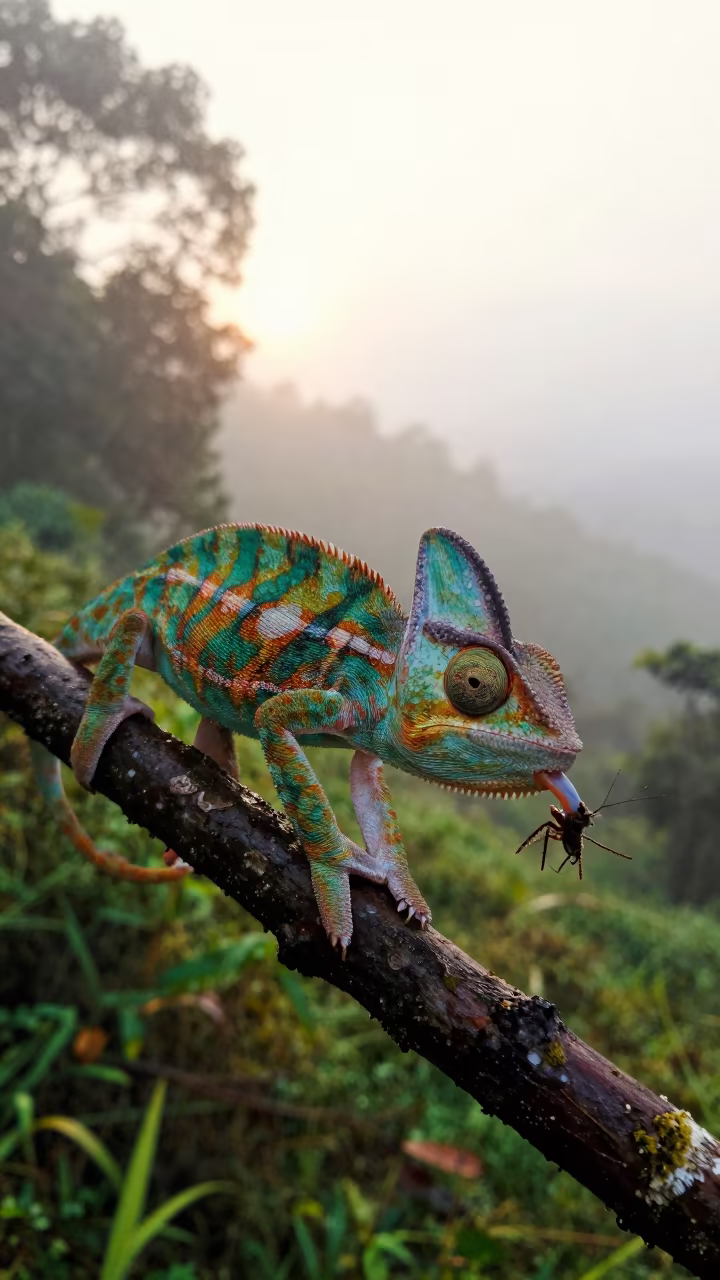 Chameleon Tongue Strike on Kuala Lumpur Hillside in on a hillside near Chow Kit, Kuala Lumpur
