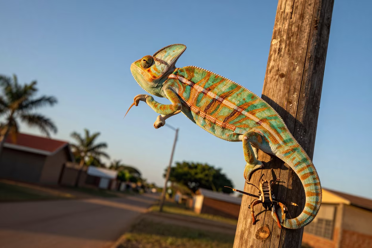 Chameleon Tongue Strike in Monsoon Sunset in in a village lane near Maputo