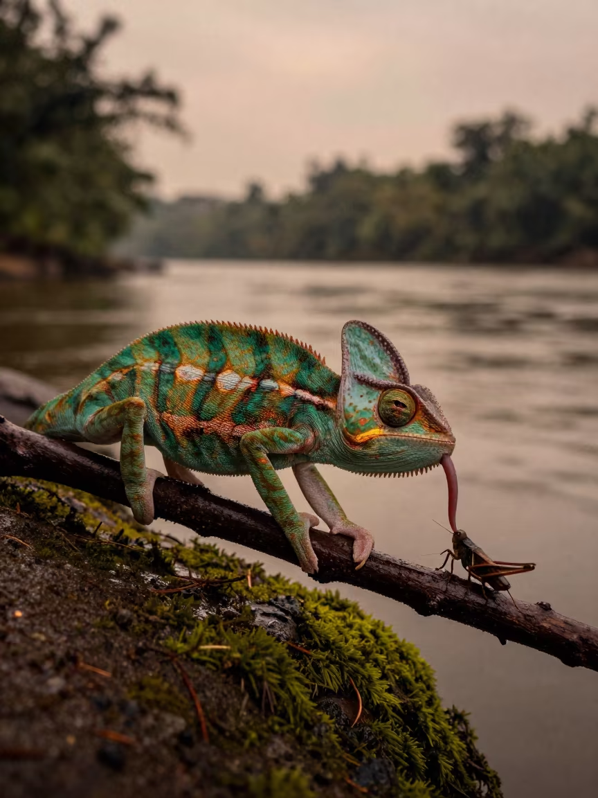 Chameleon Tongue Strike Riverbank Rio in by a riverbank near Rio de Janeiro