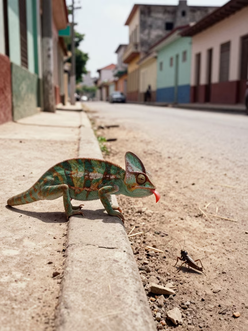 Chameleon Tongue Strike Village Lane Havana in in a village lane near Centro Habana, Havana