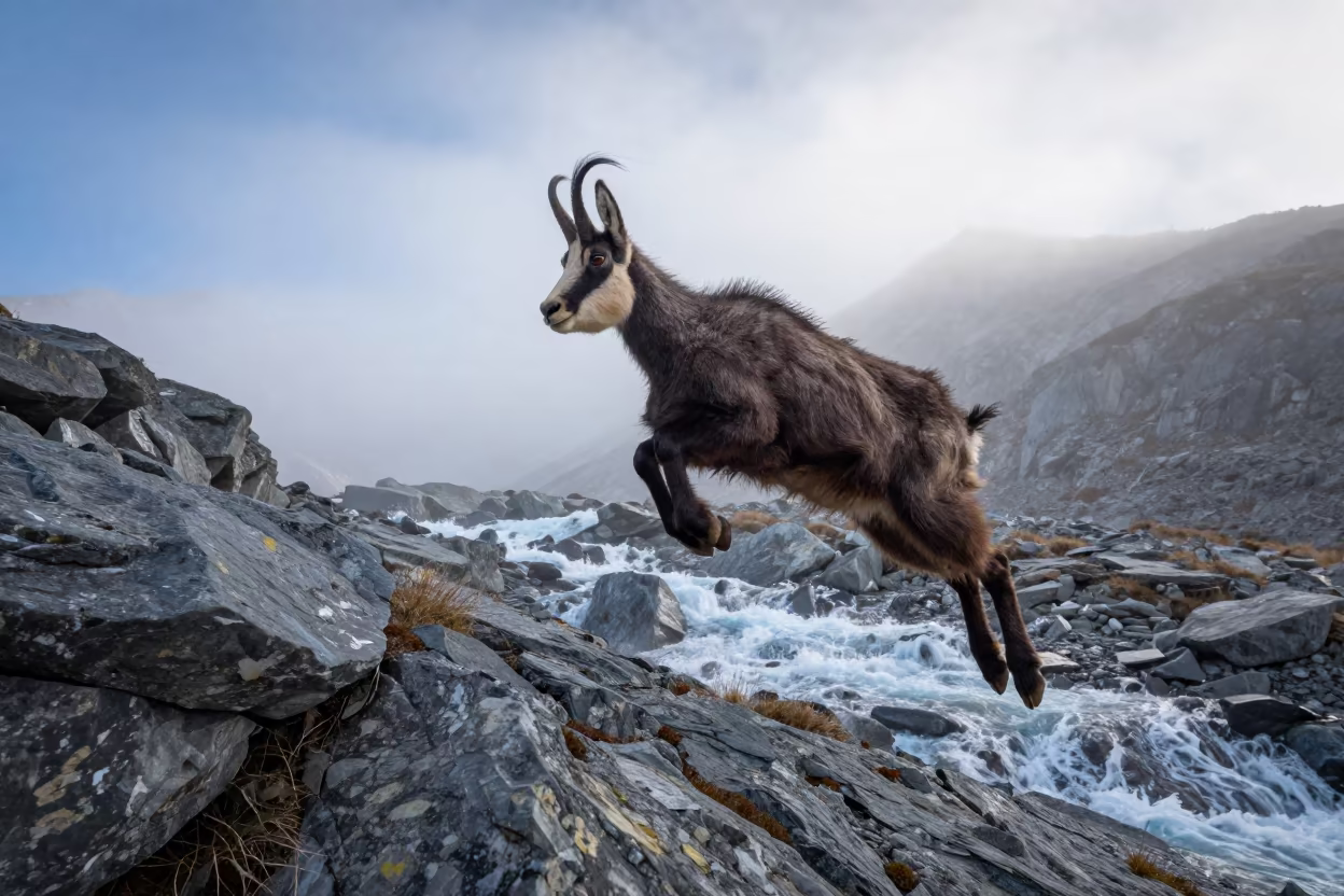 Chamois Leaping Alpine Ridge Dawn Mist in above a glacial stream near Lhasa