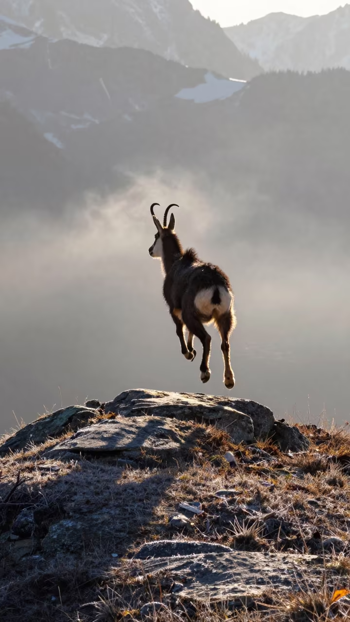 Chamois Leaping Alpine Ridge Morning Mist in near Almaty