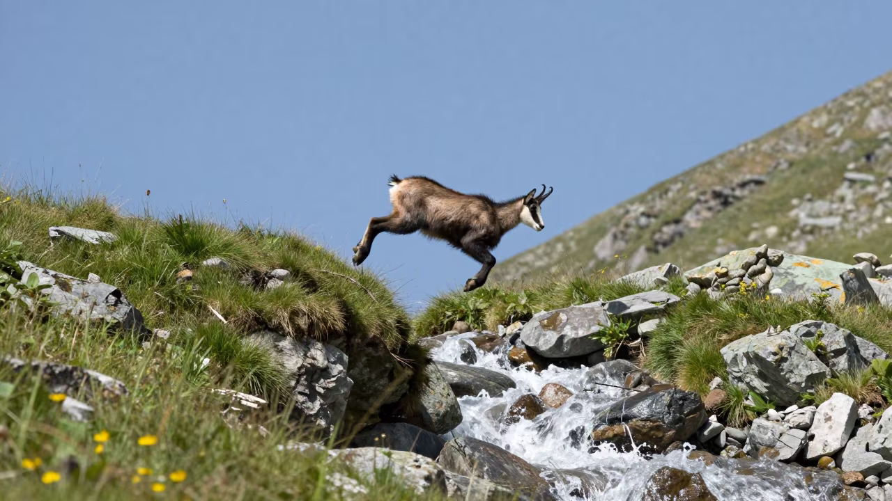 Chamois Leaping Over Alpine Ridge Stream in above a glacial stream in Georgia