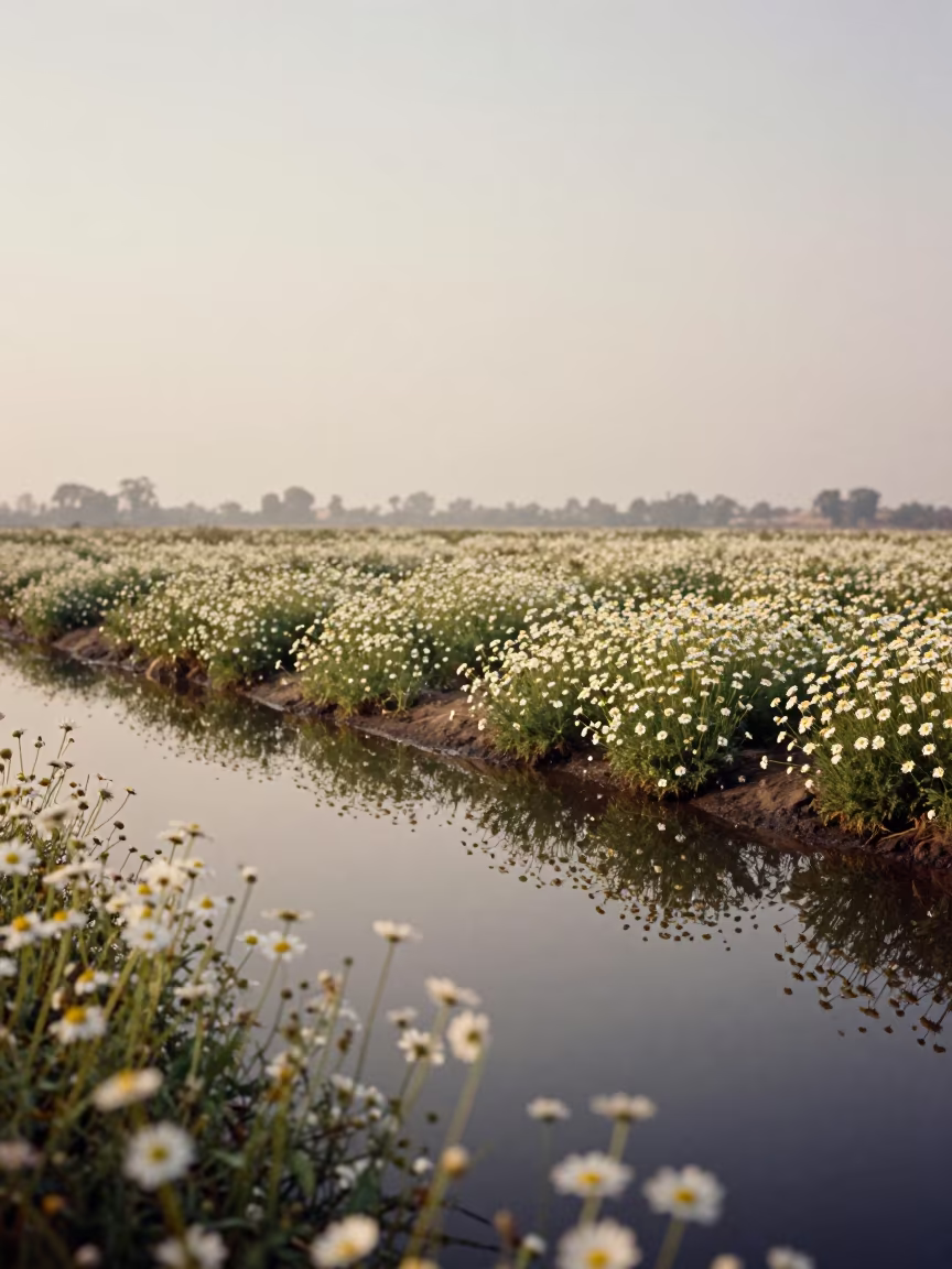 Chamomile Field Mirrored on Still Water Dawn in near Ahmedabad