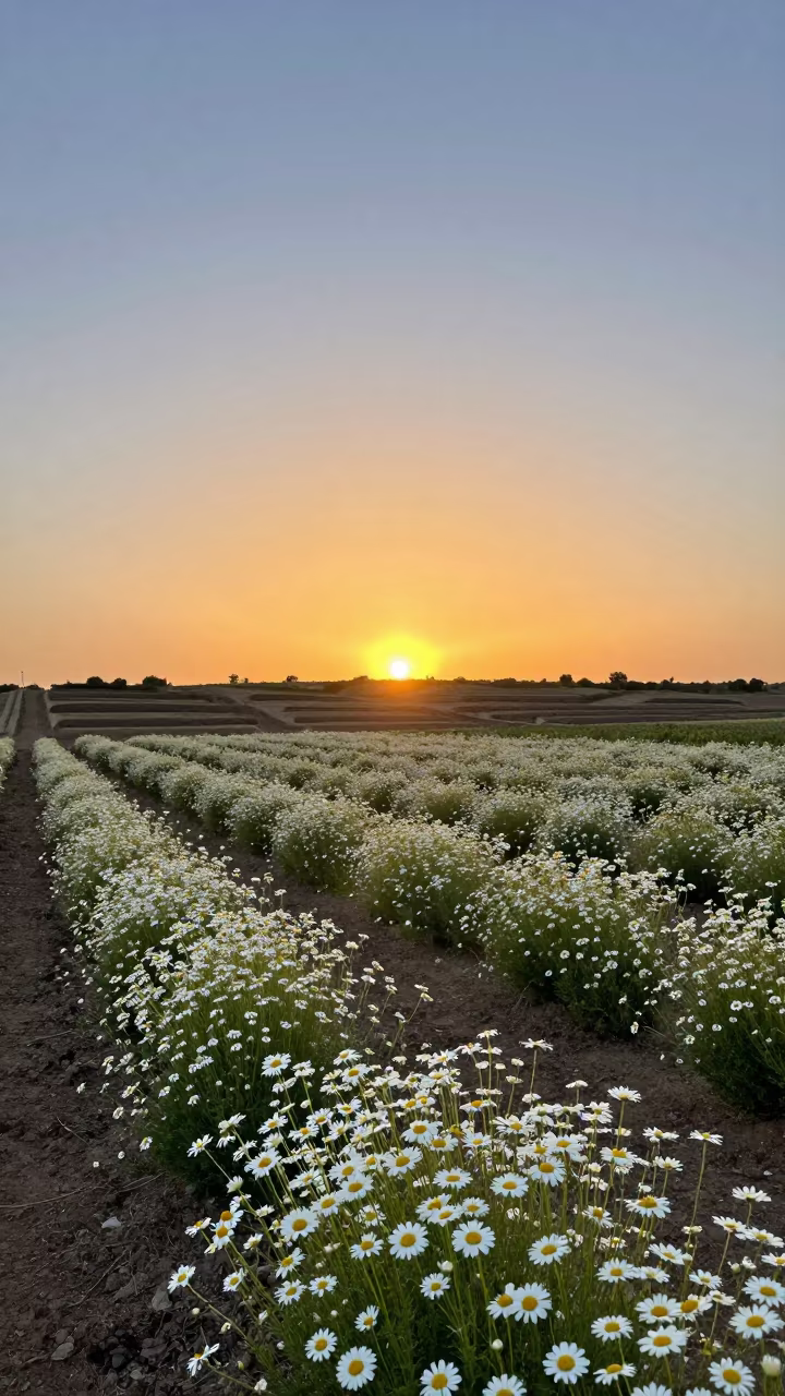 Chamomile Field Silhouette at Golden Hour in among terraced garden plots near Shorouk