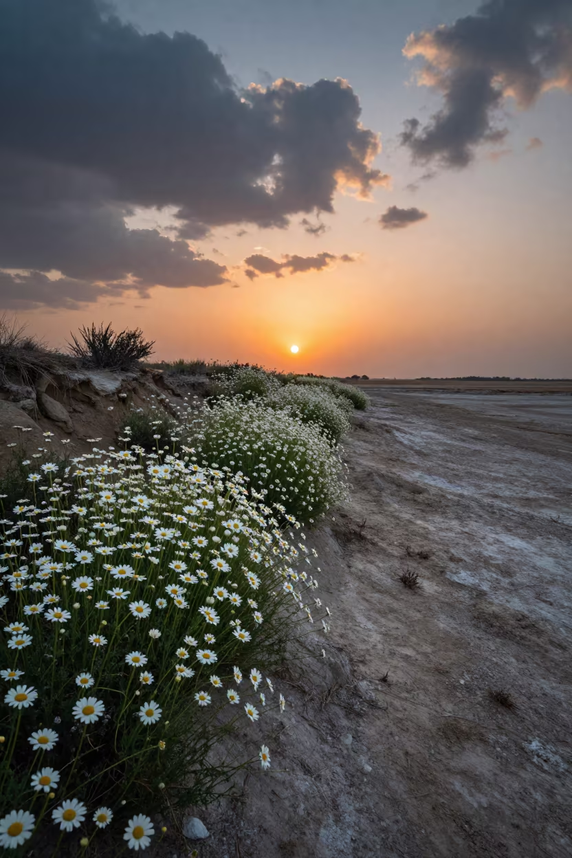 Chamomile Field Sunset Chad Cliff Edge in along a salt-sprayed cliff edge in Chad