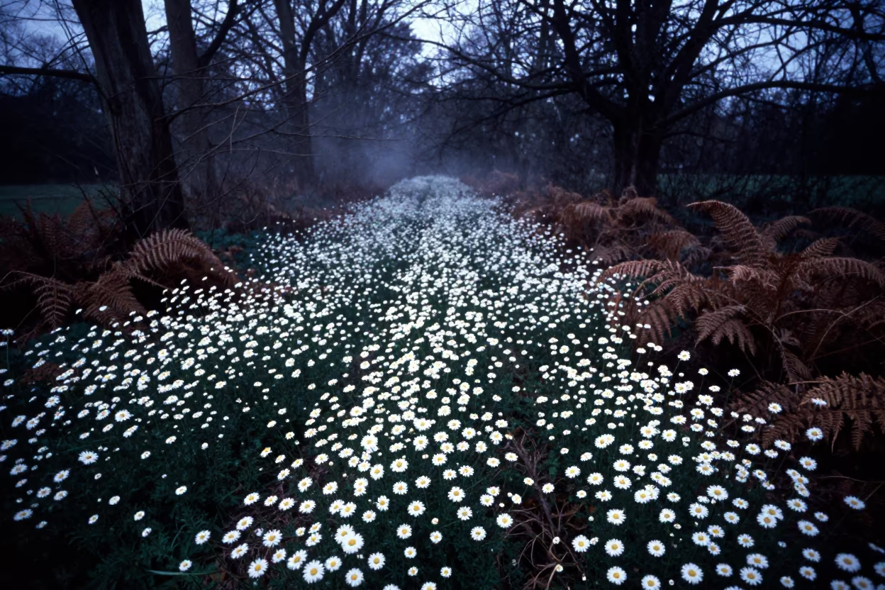 Chamomile Field in Winter Twilight in on a fern-lined forest floor near Oxford