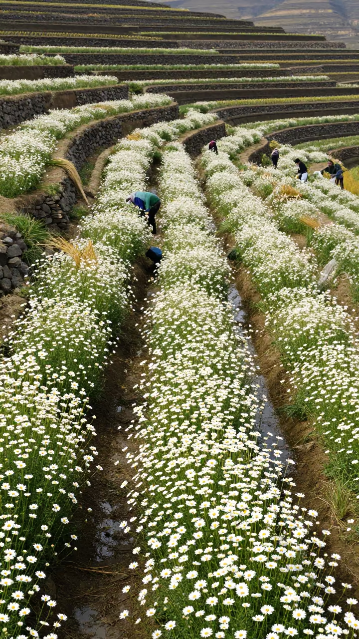 Chamomile Harvest Among Terraced Rice Paddies in among terraced rice paddies in Kazakhstan