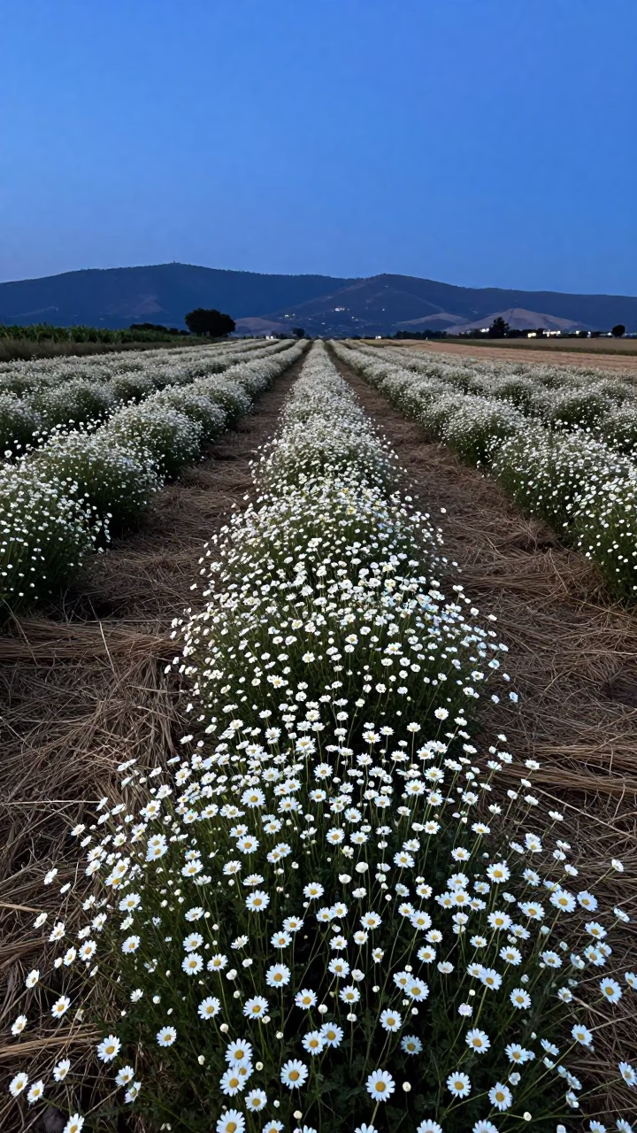 Chamomile Harvest at Indigo Twilight in Santiago in across a harvested grain field in Santiago de Querétaro