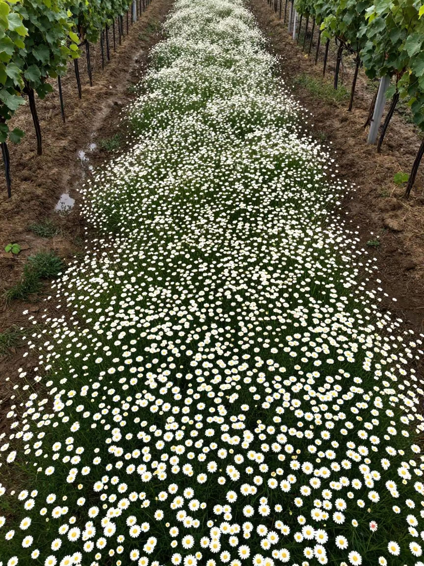 Chamomile Field Harvest Between Vineyard Trellises in between vineyard trellises near Jinan