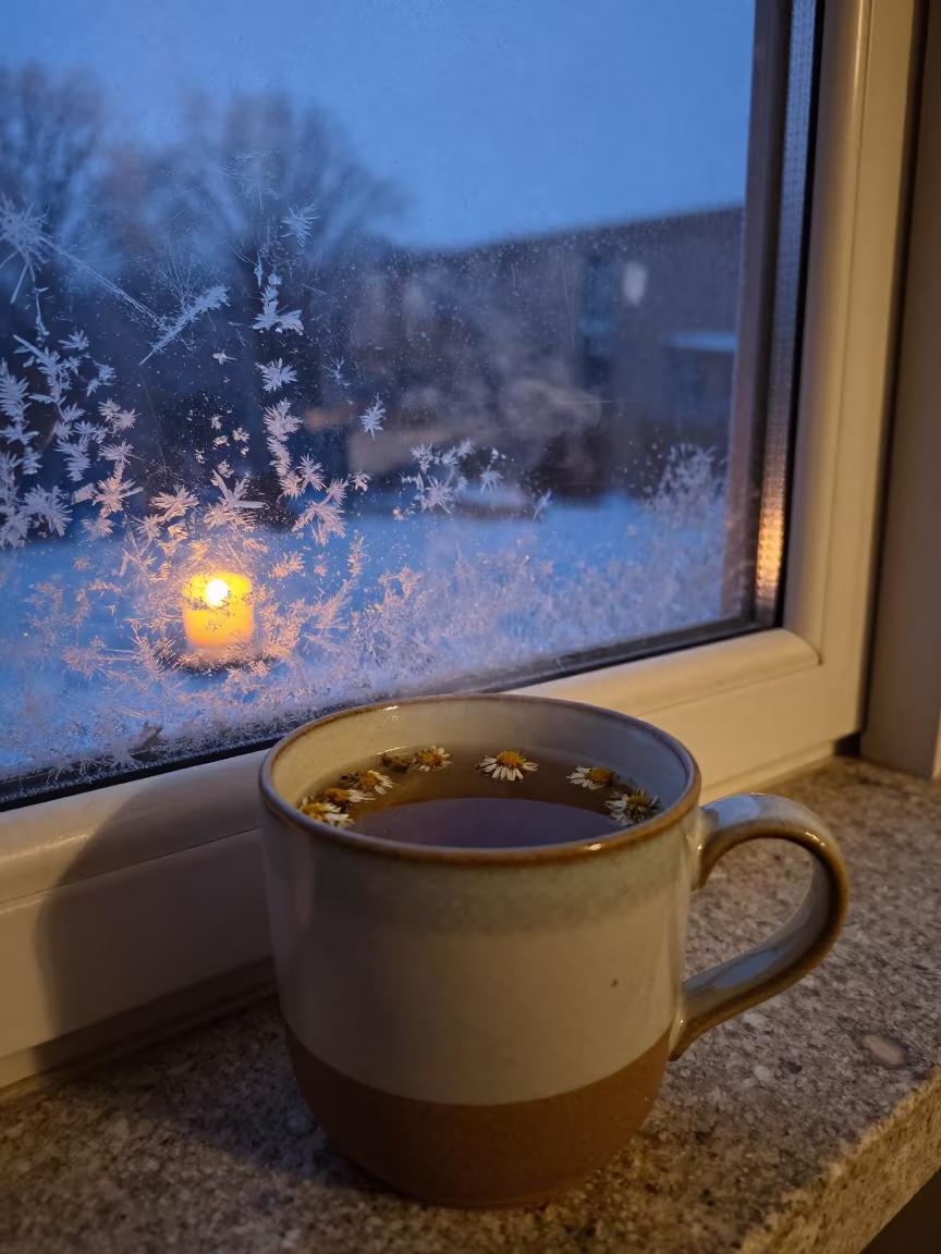 Chamomile Tea Frost Window Evening Nagpur in by a crackling fireplace in Nagpur