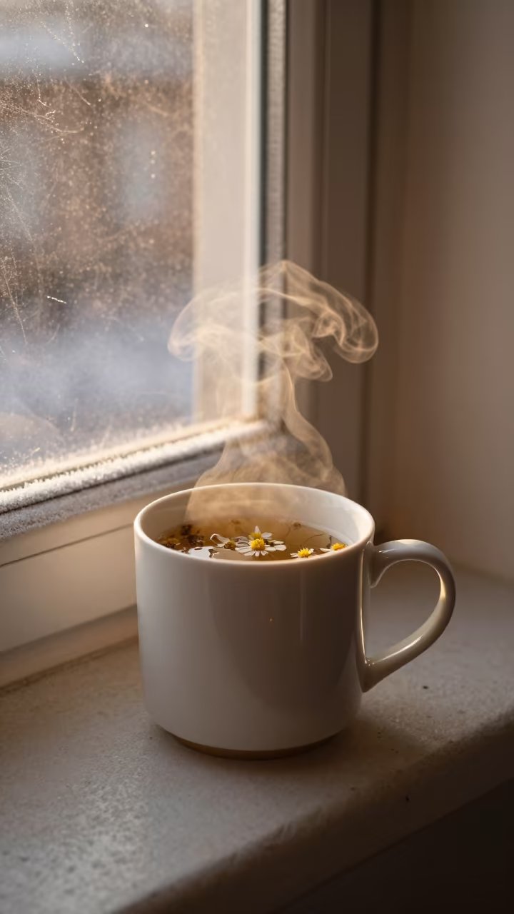 Chamomile Tea in Golden Window Light Rouen in in a sunlit living room in Rouen