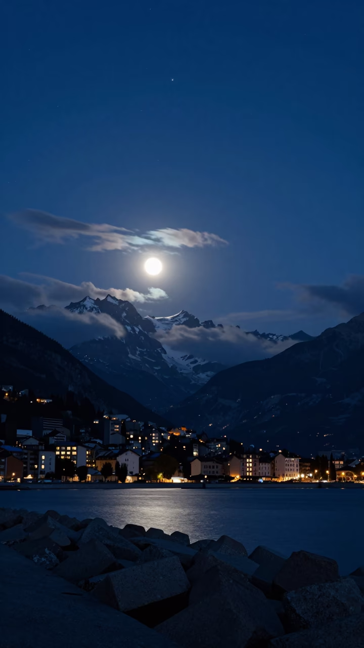 Chamonix Ridge Silhouette Under Predawn Stars in from a moonlit breakwater near Chamonix