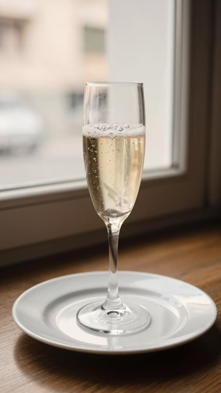 Champagne Glass Bubbles Rising Late Afternoon in on a ceramic plate by a window in Rosario