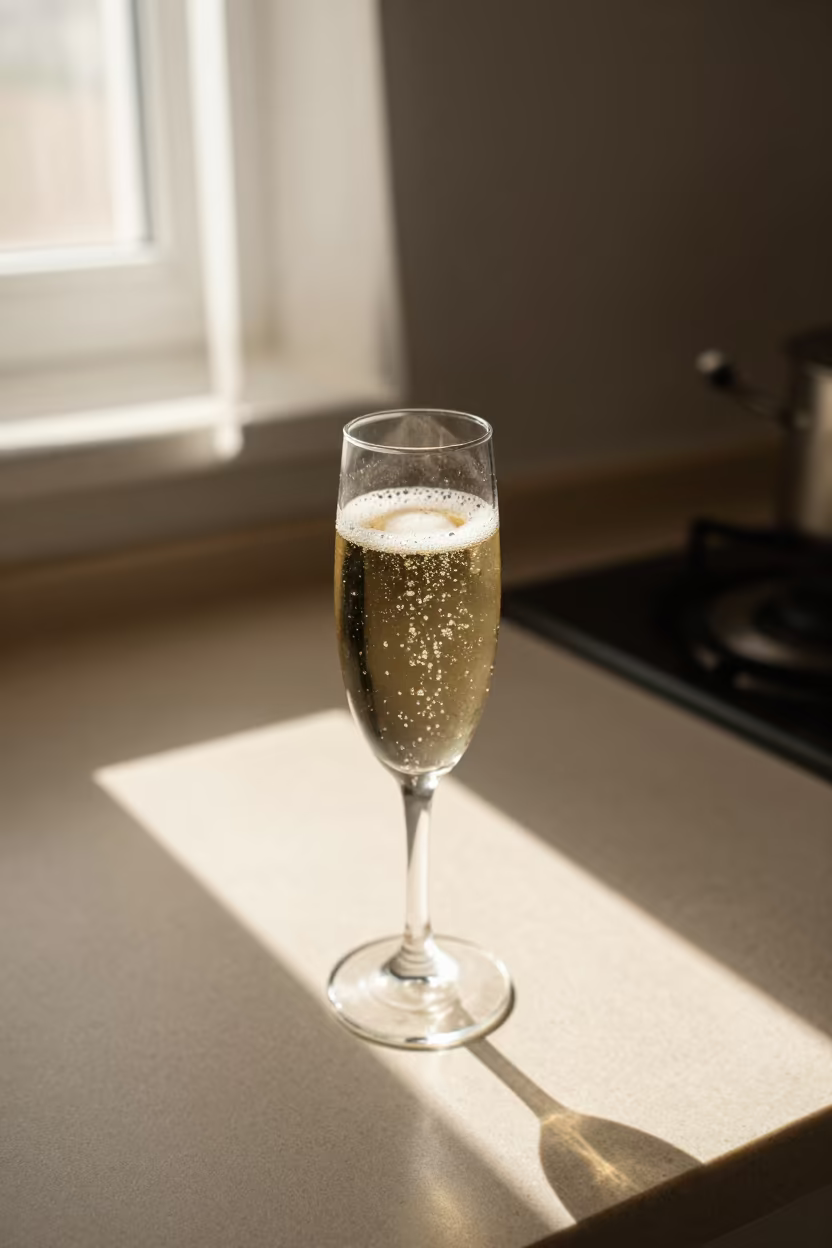 Champagne Glass on Kitchen Worktop in Ashgabat in on a kitchen worktop in Ashgabat