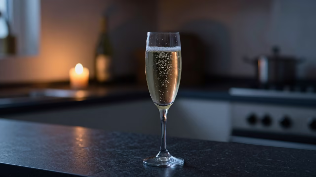 Champagne glass in predawn candlelight in on a kitchen worktop in Al Hudaydah