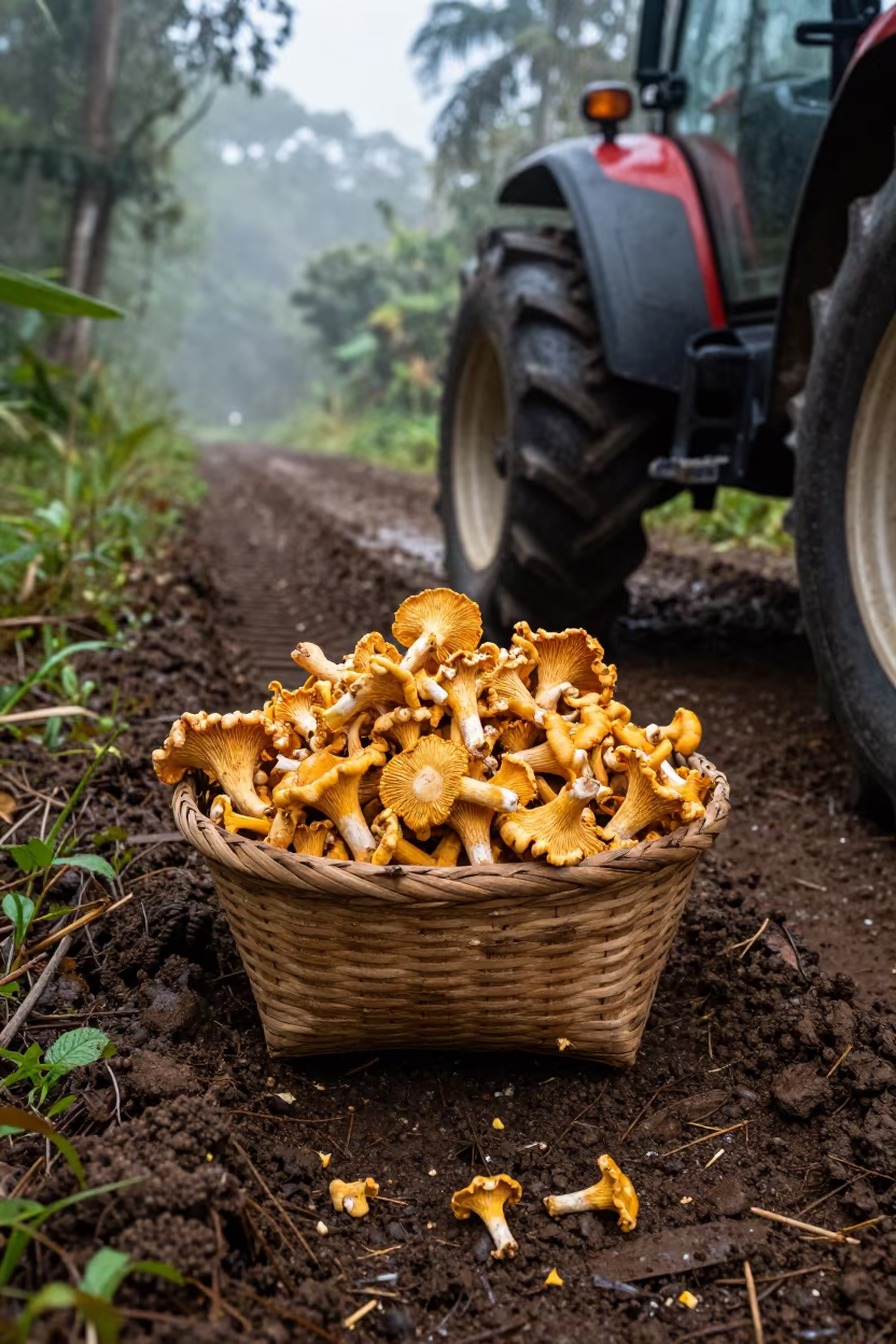 Chanterelle Harvest Basket on Forest Floor Haiti in beside a tractor track through dark soil in Haiti