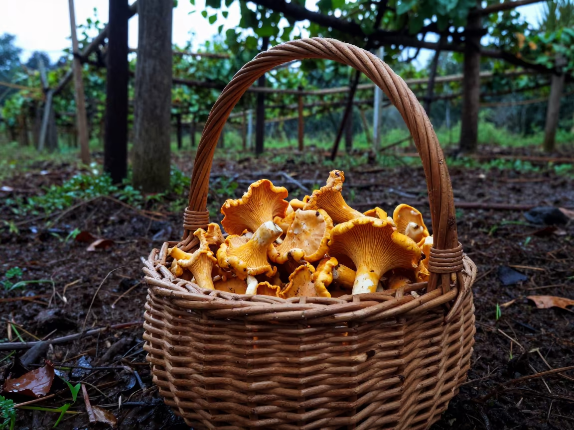 Chanterelle Harvest Basket on Forest Floor in between vineyard trellises near Bhopal