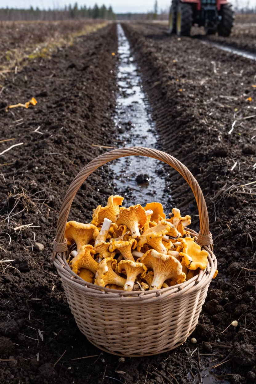 Chanterelle Harvest Basket on Siberian Forest Floor in beside a tractor track through dark soil in Siberia