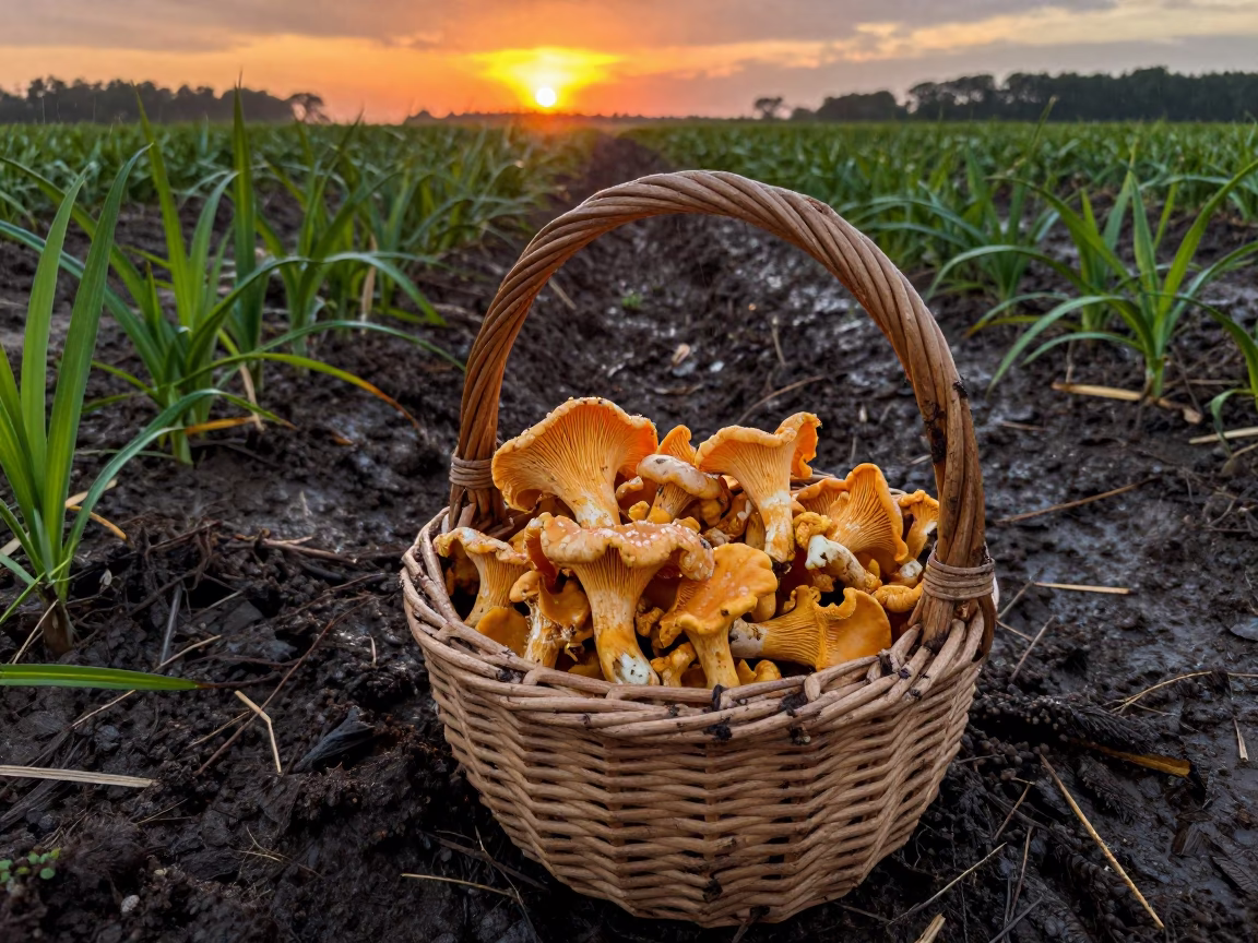 Chanterelle Harvest Basket Sunset Rain Iowa in along freshly irrigated rows in Iowa