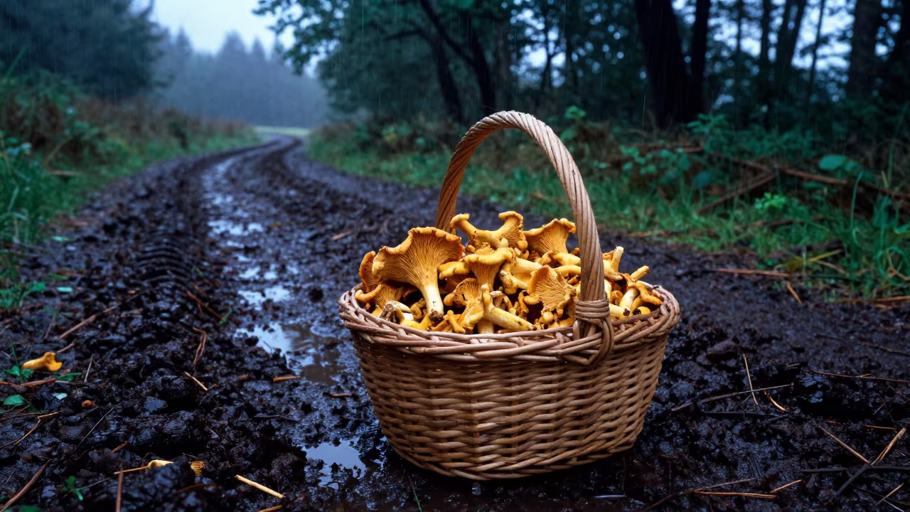Chanterelle Harvest Basket on Wet Forest Floor in beside a tractor track through dark soil in Ireland