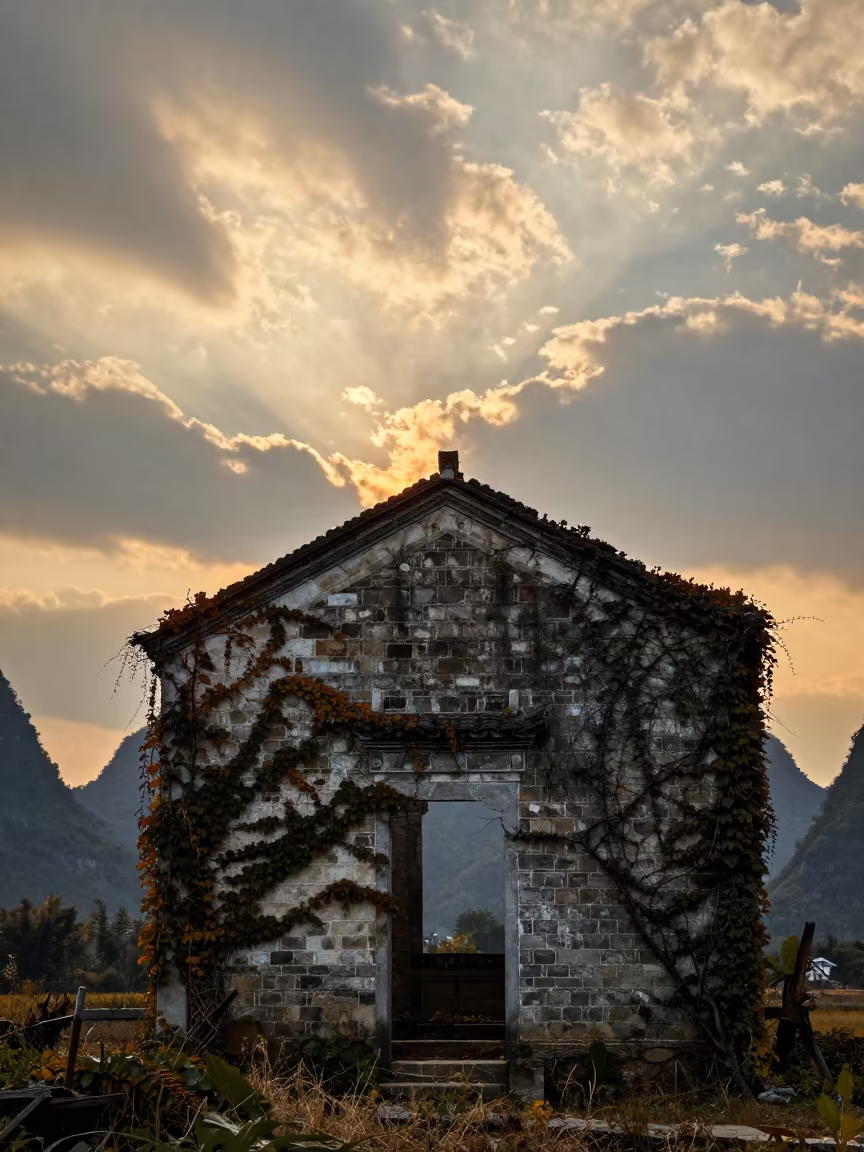 Chapel Ruin Silhouetted by Golden Hour Light in beside ivy-draped masonry near Yangshuo