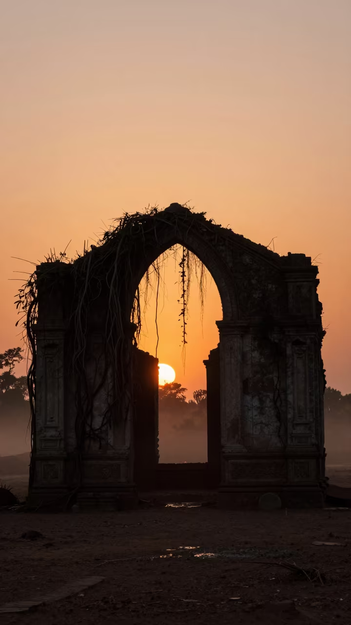 Chapel Ruin Silhouetted by Sunset Roots in beneath a broken stone arch near Khartoum