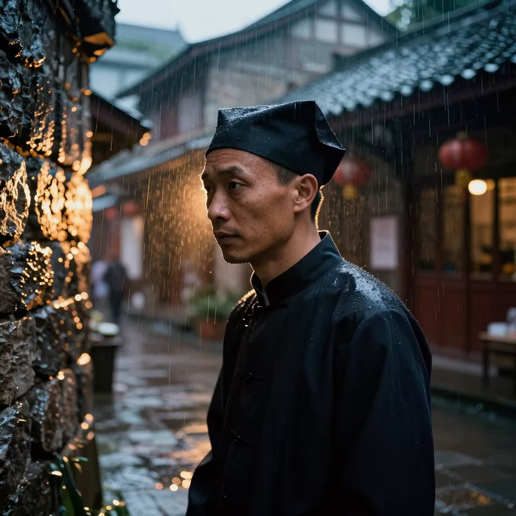 Chaplain Silhouette in Chongqing Monsoon Rain in in the old quarter in Chongqing