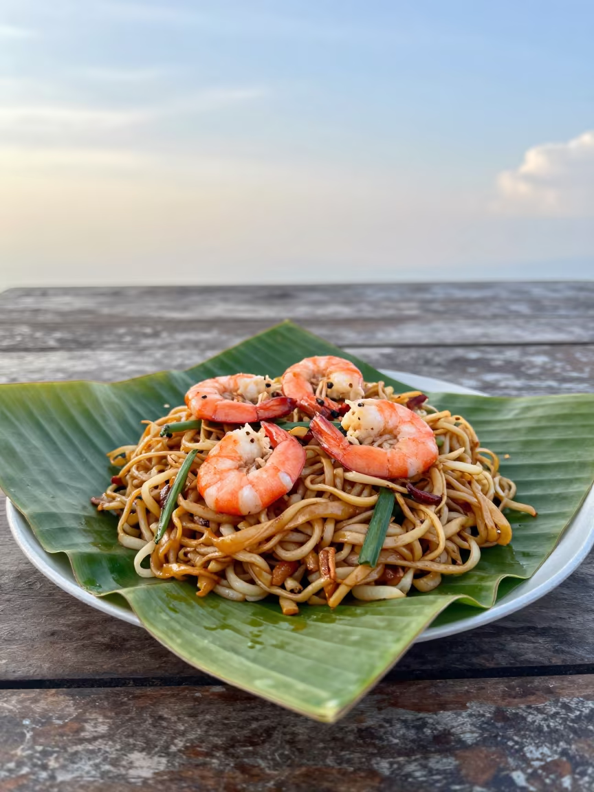 Char Kway Teow on Banana Leaf Jakarta Table in on a weathered outdoor table near Jakarta