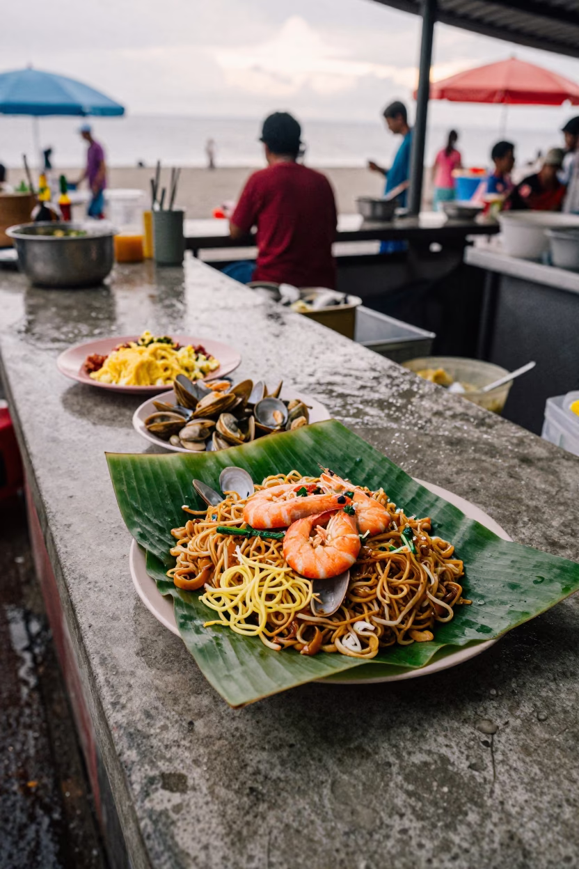Char Kway Teow on Banana Leaf at Salvador Fish Market in at a fish market counter near Salvador