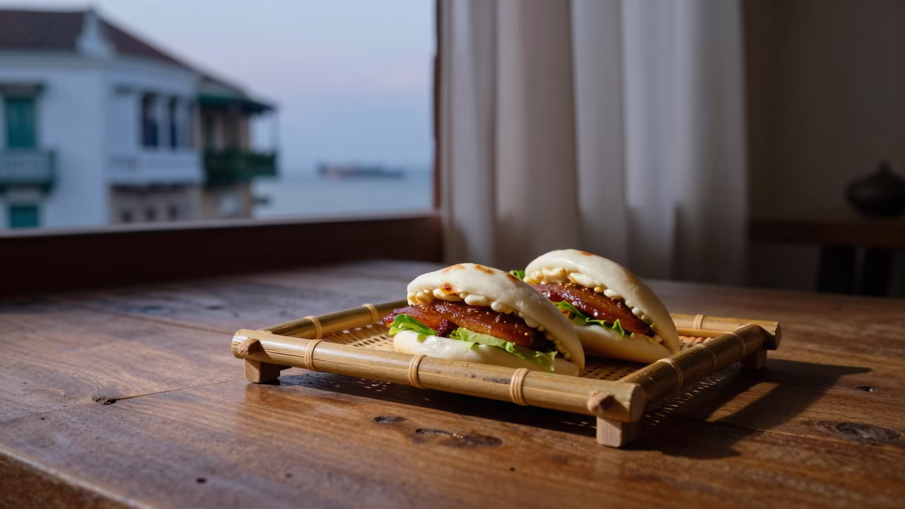 Char Siu Bao on Rustic Table at Dawn in on a rustic wooden table in La Popa, Cartagena