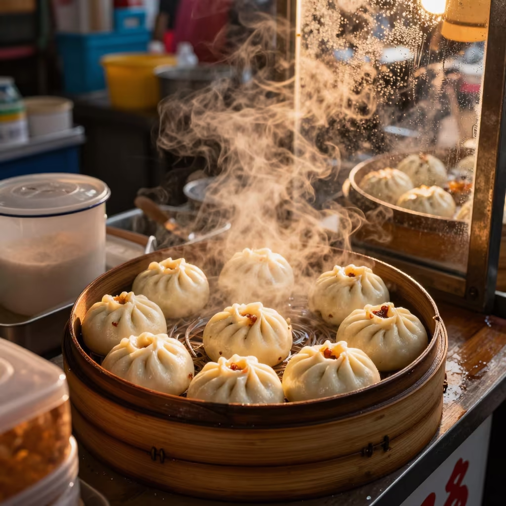 Char Siu Bao Steam on Silom Market Counter in at a market stall counter in Silom, Bangkok