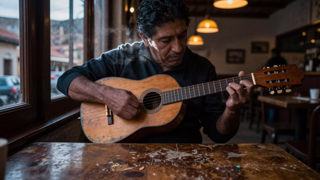 Charango Player in La Paz Cafe Window Light in on a cafe table by a window near El Alto, La Paz