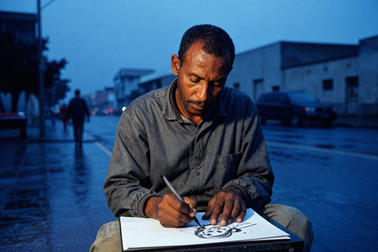 Charcoal Artist Portrait in Hargeisa Blue Hour in in Hargeisa