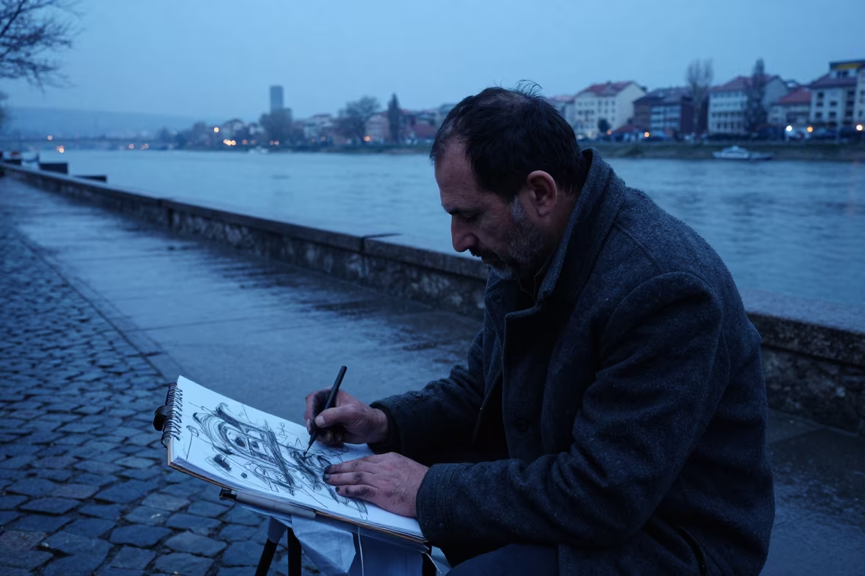 Charcoal Artist Sketching Erzurum Riverside at Blue Hour in near a riverside landing in Erzurum