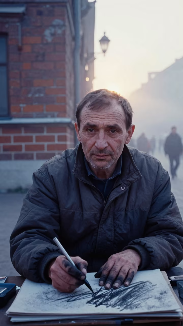 Charcoal Artist Sketching in Old Moscow Dawn in in the old quarter in Moscow