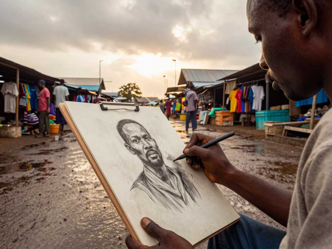 Charcoal Artist Sketching in Pointe-Noire Market in along a market lane in Pointe-Noire