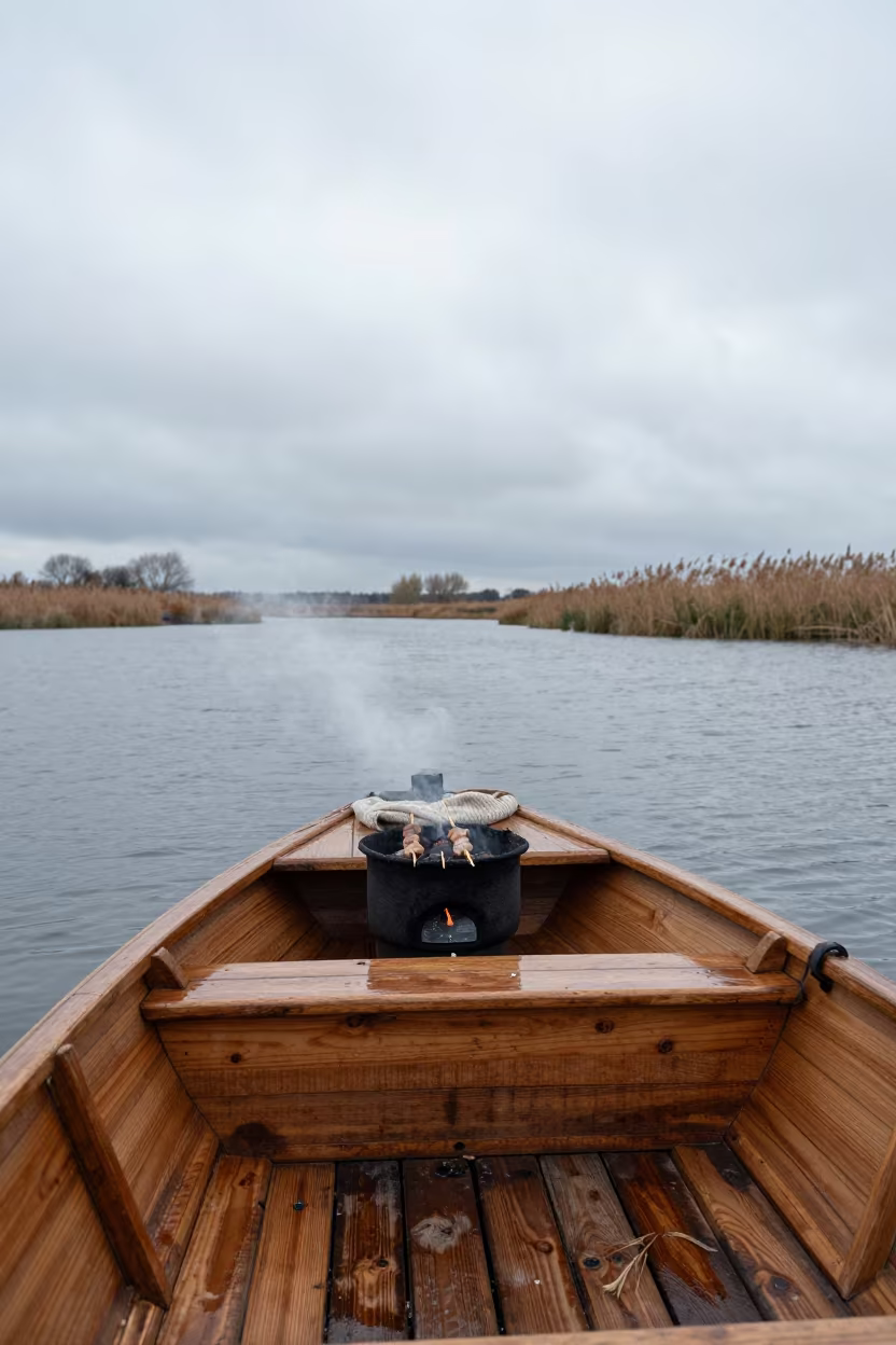 Charcoal Boat Grilled Skewers River Market in across a remote ferry crossing in Netherlands