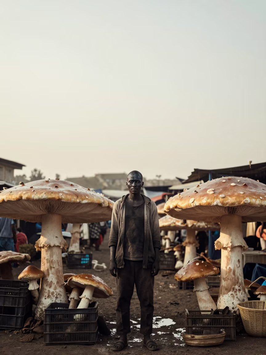 Charcoal Burner Under Giant Mushrooms in Merkato in in Merkato, Addis Ababa