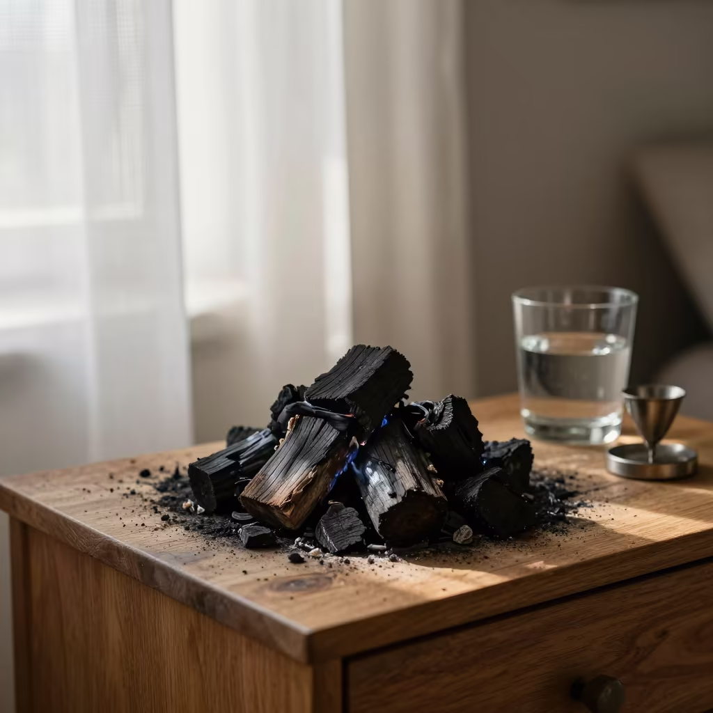 Charcoal Burner Mound on Bedside Table in on a bedside table near Montpellier