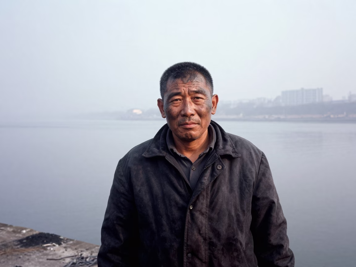 Charcoal Burner Portrait Nanjing Winter Mist in at a harbor edge in Nanjing