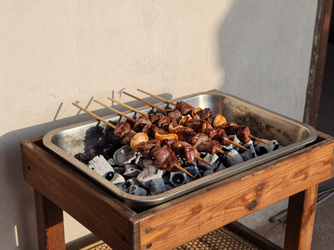 Charcoal Grilled Satay Skewers on Tea House Tray in on a tea house tray in Karbala